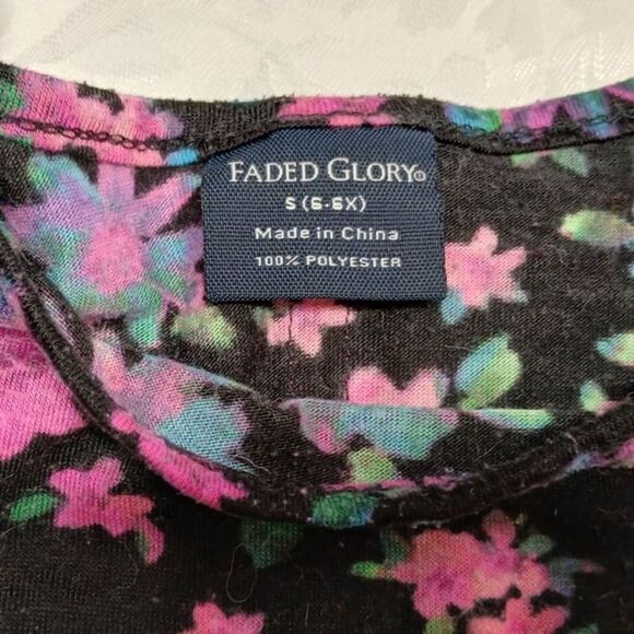 Faded Glory Girls Cap Sleeve Top Blouse Floral High Low Ruffle Black Pink Size 6 - Picture 4 of 4
